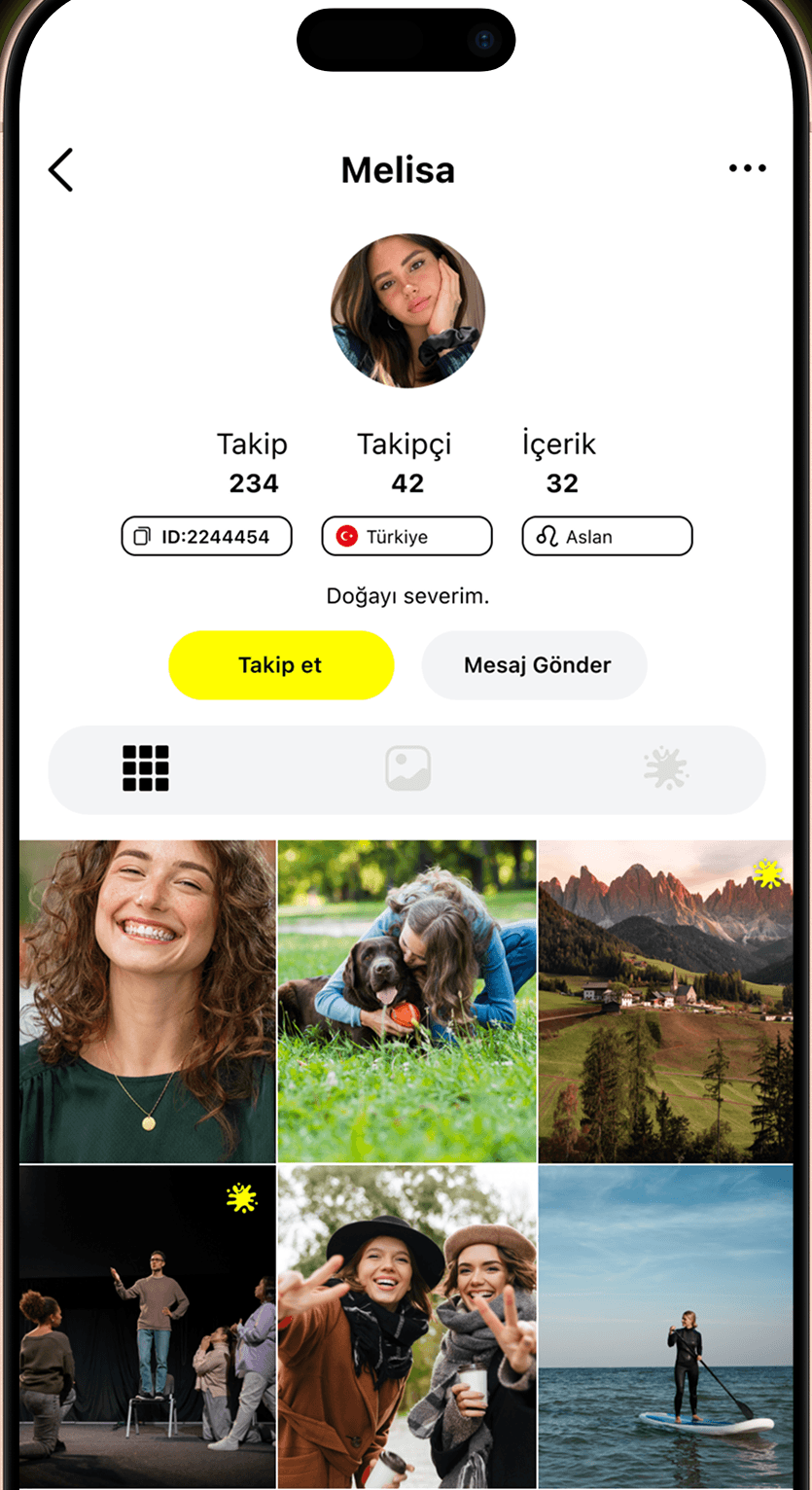 Suffle profil ekranı: takip, takipçi ve içerik sayılarının altında üç sütunlu fotoğraf ızgarası.
